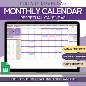 Monthly Calendar Spreadsheet Google Sheets | Daily Schedule Spreadsheet | Perpetual Calendar | Google Sheets Daily Routine | Task Tracker