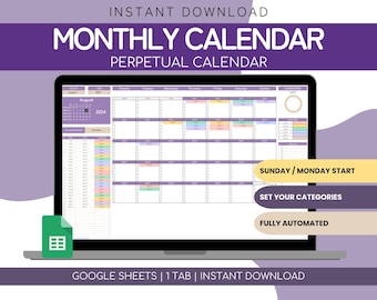 Monthly Calendar Spreadsheet Google Sheets | Daily Schedule Spreadsheet | Perpetual Calendar | Google Sheets Daily Routine | Task Tracker