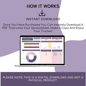 K&ouml;nnte beinhalten: Ein Laptop mit einer Tabellenkalkulation zur Kundenverfolgung mit Diagrammen und Grafiken. Das Bild enth&auml;lt den Text "How it Works" und "Instant Download". Der untere Teil des Bildes besagt: "Please note: This is a digital download and not a physical product."