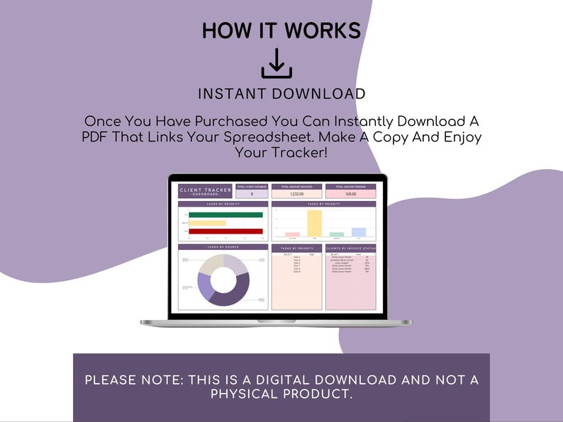 K&ouml;nnte beinhalten: Ein Laptop mit einer Tabellenkalkulation zur Kundenverfolgung mit Diagrammen und Grafiken. Das Bild enth&auml;lt den Text "How it Works" und "Instant Download". Der untere Teil des Bildes besagt: "Please note: This is a digital download and not a physical product."