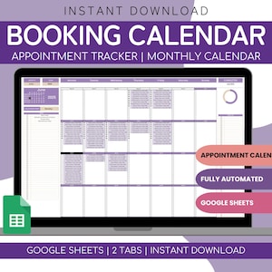 Może przedstawiać: Cyfrowy kalendarz rezerwacji wyświetlany na ekranie laptopa. Kalendarz jest w odcieniach fioletu i bieli, z tekstem "BOOKING CALENDAR" na górze. Dodatkowy tekst to "APPOINTMENT TRACKER | MONTHLY CALENDAR" i "GOOGLE SHEETS".