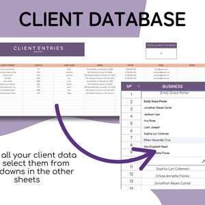K&ouml;nnte beinhalten: Eine digitale Tabelle mit dem Titel "CLIENT DATABASE" mit Kundeneingabefeldern. Das Bild zeigt ein Dropdown-Men&uuml; mit Kundennamen. Der Text auf dem Bild lautet: "Geben Sie alle Ihre Kundendaten ein und w&auml;hlen Sie sie aus Dropdowns in den anderen Tabellenbl&auml;ttern."