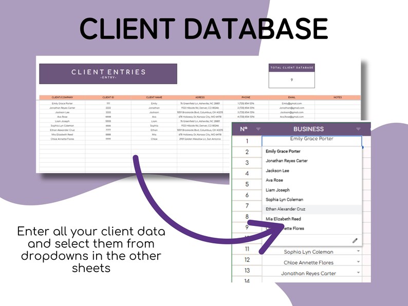 K&ouml;nnte beinhalten: Eine digitale Tabelle mit dem Titel "CLIENT DATABASE" mit Kundeneingabefeldern. Das Bild zeigt ein Dropdown-Men&uuml; mit Kundennamen. Der Text auf dem Bild lautet: "Geben Sie alle Ihre Kundendaten ein und w&auml;hlen Sie sie aus Dropdowns in den anderen Tabellenbl&auml;ttern."