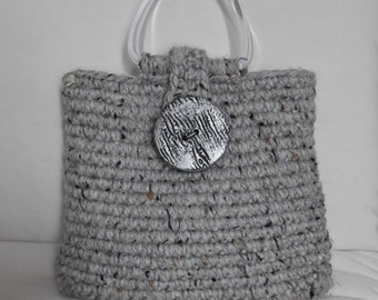 Crocheted Gray Handbag with Clear Lucite Handles