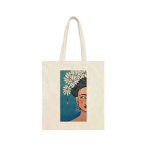 Frida with Daisies Cotton Canvas Tote Bag