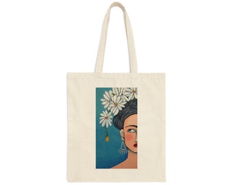 Frida with Daisies Cotton Canvas Tote Bag