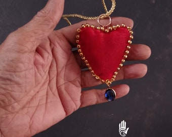 Red Velvet Beaded Puff Heart Necklace