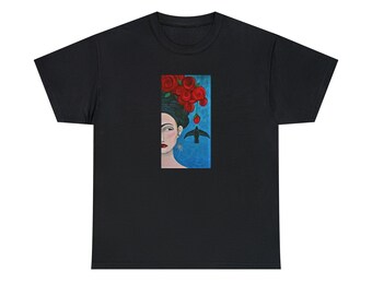 Frida mit Rosen und Vogel Unisex Heavy Cotton T-Shirt