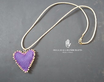 Purple Felt Beaded Puff Heart Necklace