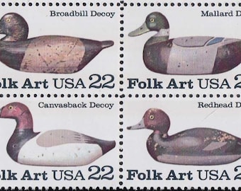 US Duck Decoy Folk Art Block of Four Unused 22 Cent Stamps