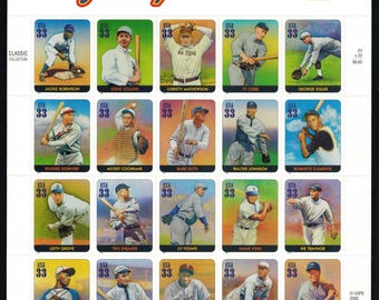 ビンテージの米国野球伝説切手パネル 未使用の 33 セント切手 20 枚