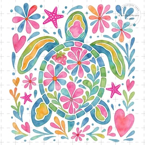 May include: A watercolor painting of a colorful turtle with flowers, leaves, and hearts. The turtle is surrounded by a white background with a grid pattern.