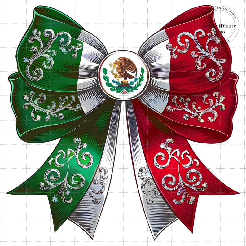 May include: A green, white, and red bow with a silver design and the Mexican coat of arms in the center.
