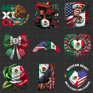 Może przedstawiać: Dziewięć różnych wzorów z flagą meksykańską i flagą amerykańską. Wzory obejmują serce z obu flagami, kokardę z flagą meksykańską, różę z flagą meksykańską, kobietę z flagą meksykańską oraz rękę trzymającą flagę meksykańską za flagą amerykańską.
