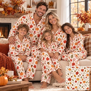 Matchande familjepjamasset med pumpa, söta höstpyjamasar i satin, pumpasovkläder, höstpyjamasar i cottagecore-stil, Thanksgiving-pyjamas, mysiga presenter