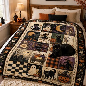 Puede incluir: Una colcha de patchwork con ilustraciones temáticas de Halloween que incluyen gatos negros, fantasmas, calabazas, brujas, una luna creciente y un cementerio. El diseño incorpora patrones de cuadros y un gato negro sobre la superficie.