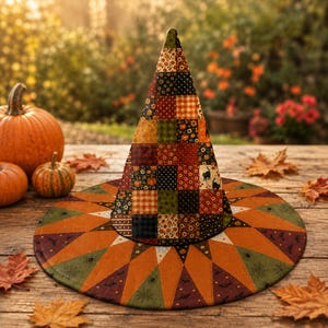 Häxhatt i lapptäcke, Halloweenkostym i blommig cottagecore, Halloween-trollkarlshatt för barn, Bus eller godis-outfit, läskig gåva