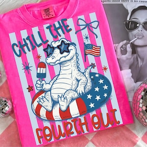 Striped Chill the Fourth Out PNG, 4th of July Crocodile PNG, American Flag Gator Shirt Design, Funny Sarcastic,Hand Drawn Trendy Popular Png