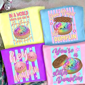 May include: Four colorful t-shirts with dumpling graphics. The shirts are yellow, blue, purple, and pink. Each shirt has a different phrase, including "In a world where you can be anything," and "Shine Bright Lil Dumplin."