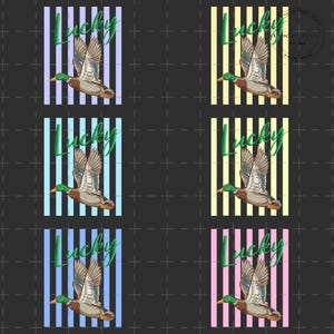 May include: A repeating pattern featuring a flying duck illustration with the word "Lucky" in green script. Each duck is set against a background of vertical stripes in various pastel colors, including blue, yellow, and pink.