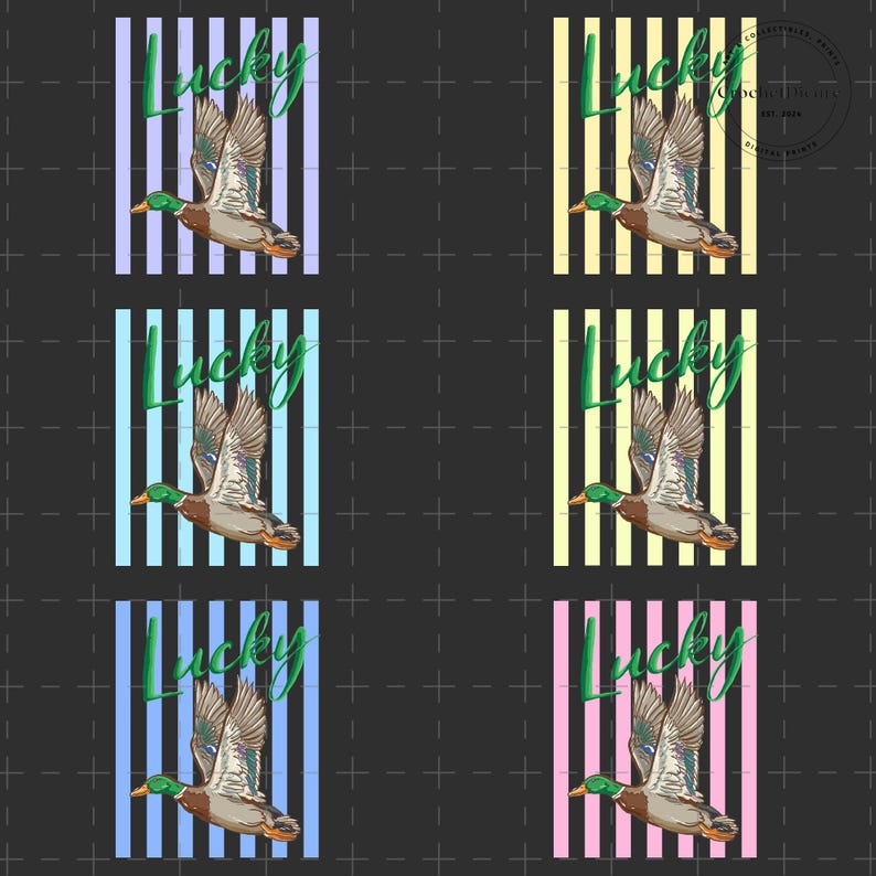 May include: A repeating pattern featuring a flying duck illustration with the word "Lucky" in green script. Each duck is set against a background of vertical stripes in various pastel colors, including blue, yellow, and pink.