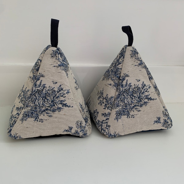 Blue Toile Tapestry fabric, velvet base door stop Pyramid shape