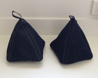 Navy Blue Denim with Yellow Top Stitching door stop Pyramid Shape