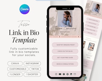 May include: A pink and white phone screen mockup with the text "Tessa Coaching" and a link in bio template with buttons for "Shop My Amazon Front", "Check Out My Blog", "Get Your Free Guide", and "Book a Consultation".