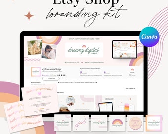 May include: A branding kit for an Etsy shop called "Dreamy Digital Shop". The kit includes banners, listings, icons, an order receipt, and thank you cards. The design features a pink and orange color scheme with a whimsical, hand-drawn style.