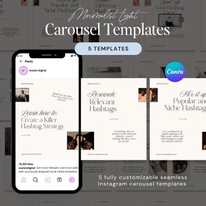 Può includere: Cinque modelli di carosello Instagram minimalisti con sfondo bianco e testo nero. I modelli offrono suggerimenti su come creare una strategia di hashtag vincente, ricercare hashtag pertinenti e mescolare hashtag popolari e di nicchia. I modelli sono progettati per il marketing sui social media.