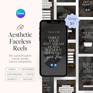 Könnte beinhalten: Eine Collage von Social-Media-Grafiken für Instagram Reels mit einem dunklen Hintergrund und weißem Text. Der Text beinhaltet "Verdreifachen Sie Ihre Instagram-Reichweite, ohne Ihr Gesicht zu zeigen", "Lebhaft leben", "Die besten Plattformen, um digitale Produkte neben Etsy zu verkaufen", und "Entschlüsseln Sie das Geheimnis, viralen, gesichtslosen Content zu erstellen".
