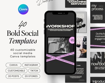 Plantillas llamativas para publicaciones e historias de Instagram / Paquete moderno de Canva para redes sociales (Descarga digital)