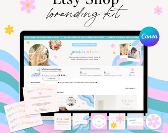 May include: An Etsy shop branding kit displayed on a computer screen, featuring banners, listings, icons, order receipts, and thank you cards. The design includes pastel colors, floral accents, and the text "Etsy Shop branding kit."
