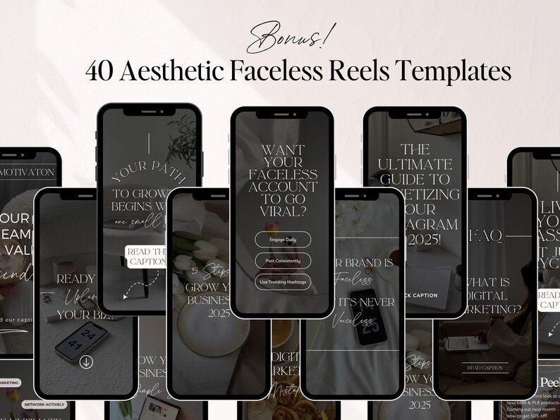 K&ouml;nnte beinhalten: Eine Collage aus 10 schwarzen und wei&szlig;en Telefonbildschirmen mit Text&uuml;berlagerungen. Der Text enth&auml;lt S&auml;tze wie "Dein Weg zum Wachstum beginnt mit einem Kleinen", "Willst du, dass dein gesichtsloser Account viral geht?", "Der ultimative Leitfaden zur Monetarisierung unseres Instagrams 2025" und "Bereit, dein Gesch&auml;ft zu entladen".