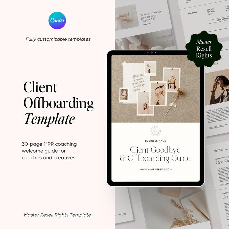 K&ouml;nnte beinhalten: Ein digitales Tablet zeigt eine Vorlage f&uuml;r einen Kunden-Offboarding-Leitfaden. Die Vorlage ist beige und enth&auml;lt eine Collage von Fotos und den Text "Client Goodbye & Offboarding Guide". Der Text "Master Resell Rights" wird in einem Kreis in der oberen rechten Ecke des Bildes angezeigt.