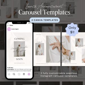 May include: Two Instagram carousel templates for social media featuring a woman in a white outfit and a hand with a gold bracelet. The text "Coming Soon" and "Only £1!" are visible in the image.