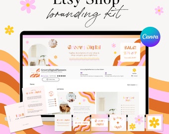 Etsy Shop Branding Kit, Banner Templates | Groovy Etsy Shop Bundle Kit | Canva Digital Seller Branding Templates | Etsy Small Business Brand
