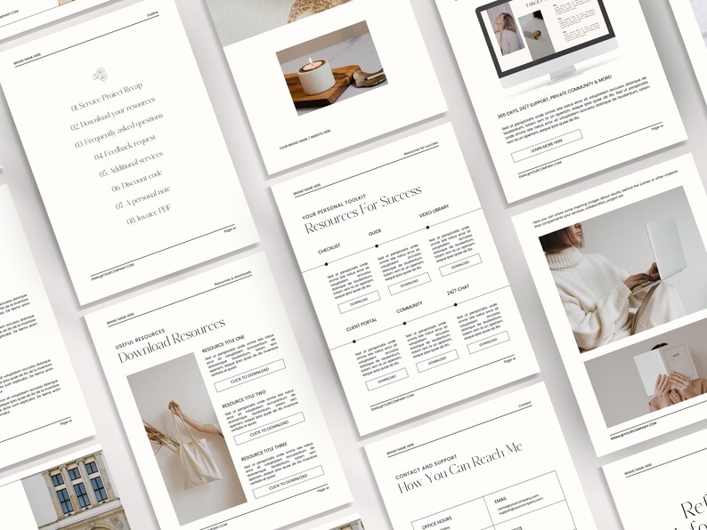 K&ouml;nnte beinhalten: Ein wei&szlig;-schwarzer druckbarer Leitfaden mit dem Titel "Ihr pers&ouml;nliches Toolkit: Ressourcen f&uuml;r den Erfolg". Der Leitfaden enth&auml;lt Abschnitte f&uuml;r Checkliste, Leitfaden, Kundenportal, Community, Videobibliothek und 24/7-Chat.
