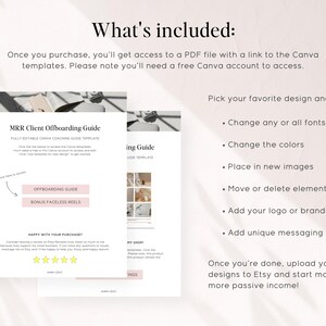 K&ouml;nnte beinhalten: Ein rosa-wei&szlig;es digitales Download-Produkt-Mockup f&uuml;r eine MRR-Kunden-Offboarding-Guide-Vorlage. Der Text auf dem Mockup lautet "MRR Client Offboarding Guide" und "Vollst&auml;ndig editierbare Canva Coaching Guide Vorlage". Das Mockup beinhaltet auch ein Bonusangebot f&uuml;r gesichtslose Reels.