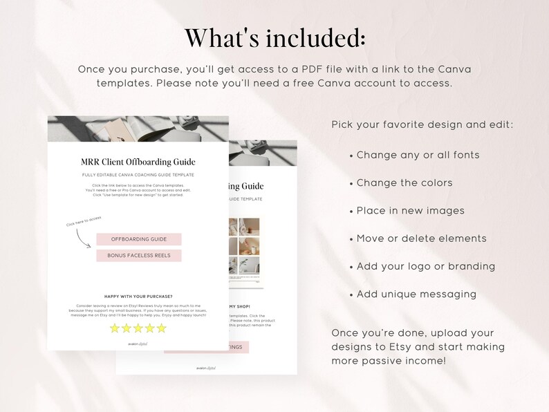 K&ouml;nnte beinhalten: Ein rosa-wei&szlig;es digitales Download-Produkt-Mockup f&uuml;r eine MRR-Kunden-Offboarding-Guide-Vorlage. Der Text auf dem Mockup lautet "MRR Client Offboarding Guide" und "Vollst&auml;ndig editierbare Canva Coaching Guide Vorlage". Das Mockup beinhaltet auch ein Bonusangebot f&uuml;r gesichtslose Reels.