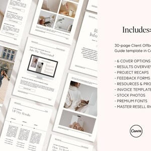 K&ouml;nnte beinhalten: Eine 30-seitige Vorlage f&uuml;r einen Client-Offboarding-Leitfaden in Canva. Die Vorlage umfasst 6 Cover-Optionen, eine Ergebnis&uuml;bersicht, Projekt-Zusammenfassungen, Feedback-Formulare, Ressourcen und Promo, eine Rechnungsvorlage, Stockfotos, Premium-Schriftarten und Master-Weiterverkaufsrechte.