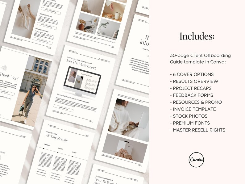 K&ouml;nnte beinhalten: Eine 30-seitige Vorlage f&uuml;r einen Client-Offboarding-Leitfaden in Canva. Die Vorlage umfasst 6 Cover-Optionen, eine Ergebnis&uuml;bersicht, Projekt-Zusammenfassungen, Feedback-Formulare, Ressourcen und Promo, eine Rechnungsvorlage, Stockfotos, Premium-Schriftarten und Master-Weiterverkaufsrechte.