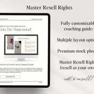 K&ouml;nnte beinhalten: Ein wei&szlig;er Computerbildschirm mit dem Text "How to get even more results? Join The Mastermind!" und "365 days, 24/7 support, private community & more!" Der Bildschirm befindet sich auf einem wei&szlig;en Hintergrund mit dem Text "Master Resell Rights" oben.