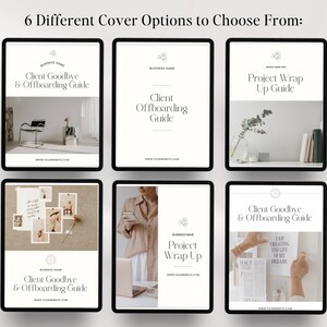 K&ouml;nnte beinhalten: Sechs verschiedene Cover-Optionen f&uuml;r einen Kunden-Abschieds- und Offboarding-Leitfaden. Die Cover zeigen eine Vielzahl von Bildern, darunter einen Stuhl in einem Raum, eine Frau, die ein Telefon h&auml;lt, und eine Pinnwand mit Notizen.