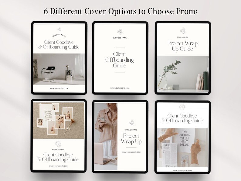 K&ouml;nnte beinhalten: Sechs verschiedene Cover-Optionen f&uuml;r einen Kunden-Abschieds- und Offboarding-Leitfaden. Die Cover zeigen eine Vielzahl von Bildern, darunter einen Stuhl in einem Raum, eine Frau, die ein Telefon h&auml;lt, und eine Pinnwand mit Notizen.