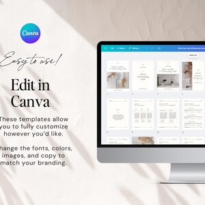 K&ouml;nnte beinhalten: Ein Computerbildschirm zeigt eine Canva-Designvorlage mit dem Text "Client Service Offboarding Template Minimalist PSD, TL". Die Vorlage enth&auml;lt mehrere Seiten mit &Uuml;berschriften wie "Client Offboarding Checklist" und "Project Wrap Up".