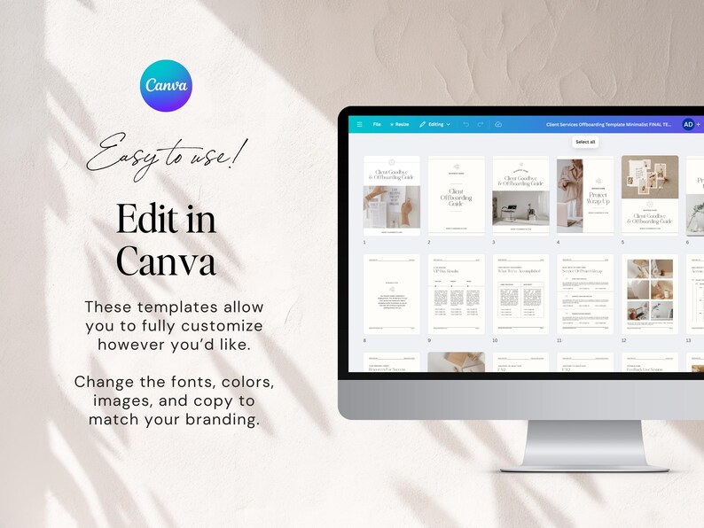 K&ouml;nnte beinhalten: Ein Computerbildschirm zeigt eine Canva-Designvorlage mit dem Text "Client Service Offboarding Template Minimalist PSD, TL". Die Vorlage enth&auml;lt mehrere Seiten mit &Uuml;berschriften wie "Client Offboarding Checklist" und "Project Wrap Up".
