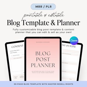 Peut inclure: Maquette de produit numérique avec trois tablettes affichant un modèle et un planificateur de blog. La tablette centrale affiche "Blog Post Planner" avec le texte "Un moyen simple de planifier vos articles pour obtenir plus d'abonnés !" Le produit comprend des droits de revente principaux.