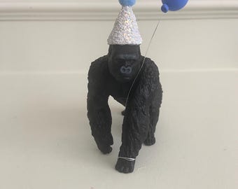 Personalised Gorilla Cake Topper | Custom Party Hat & Balloon
