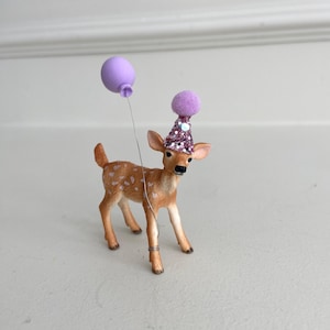 Baby Deer Cake Topper | Woodland Animal Birthday Decor | Custom Party Hat | Fawn Figurine Cake Pick & Optional Custom Balloon